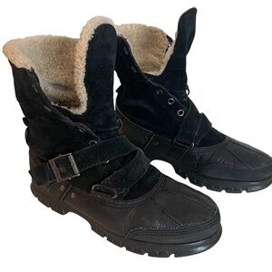 Ralph Lauren Polo Black Tavin Rollover Leather Shearling Boots Mens Size 9 D